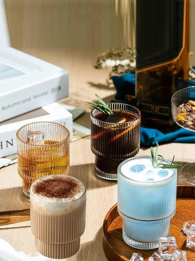 1 تشيس 1CHASE Set of 4 - Ribbed Drinking Glasses with Glass Straw 330ml